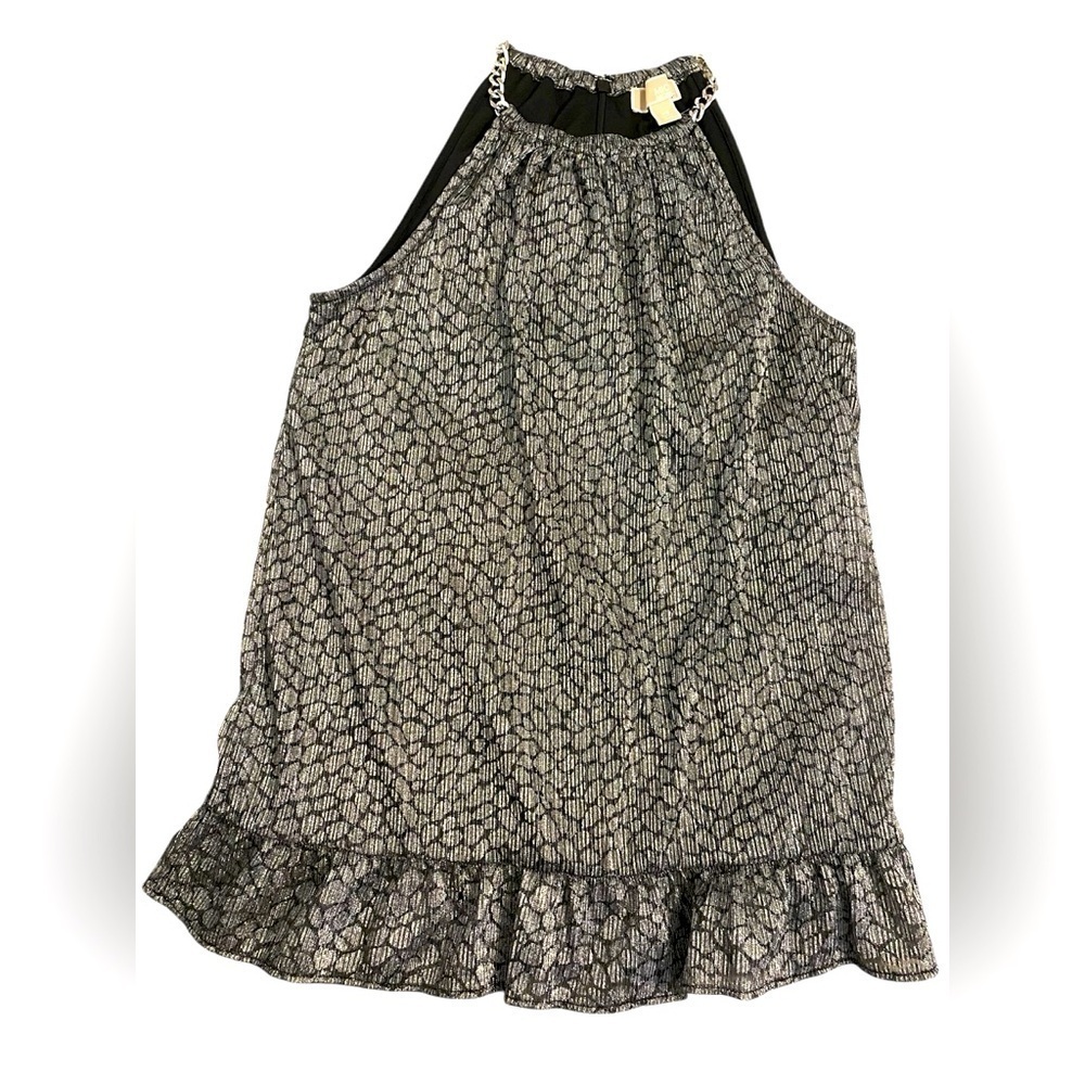 Michael Kors silver and metallic black blouse with chains around neck. X…​